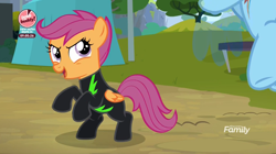 Size: 1278x718 | Tagged: safe, derpibooru import, screencap, rainbow dash, scootaloo, pegasus, pony, the washouts (episode), clothes, discovery family logo, female, filly, pint-sized dynamite, rearing, solo focus, uniform, washouts uniform