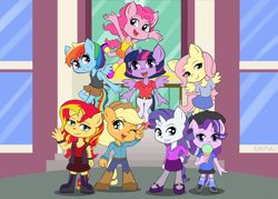 Size: 1200x857 | Tagged: safe, artist:empyu, applejack, fluttershy, pinkie pie, rainbow dash, rarity, starlight glimmer, sunset shimmer, twilight sparkle, twilight sparkle (alicorn), alicorn, anthro, earth pony, pegasus, plantigrade anthro, unicorn, chibi, clothes, cowboy hat, cute, dashabetes, diapinkes, female, freckles, glimmerbetes, group photo, happy, hat, jackabetes, looking at you, mane six, mare, one eye closed, pants, pantyhose, raribetes, school, shimmerbetes, shorts, shyabetes, skirt, smiling, spread wings, stetson, twiabetes, waving, wings