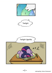 Size: 1024x1449 | Tagged: safe, artist:mrs1989, princess celestia, twilight sparkle, alicorn, pony, colored, comic, filly, filly twilight sparkle, school, sleeping, sleeping in class, spike the messenger, zzz