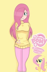 Size: 729x1095 | Tagged: safe, artist:tinacrazy29, fluttershy, human, clothes, hair over one eye, humanized, solo, sweatershy