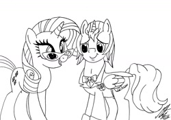 Size: 1600x1117 | Tagged: safe, artist:morteneng21, rarity, oc, oc:pencil magic, pony, unicorn, canon x oc, monochrome, shipping