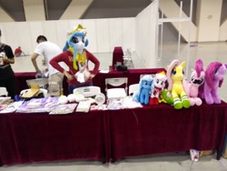 Size: 960x720 | Tagged: safe, artist:hutouluosha, fluttershy, pinkie pie, princess celestia, human, clothes, guangzhou furrycon, hutouluosha(photographers), irl, irl human, moustache, photo, pinkamena diane pie, plushie, s1 luna, stockings, yukandasama(coser)