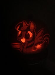 Size: 716x960 | Tagged: safe, derpibooru import, twilight sparkle, twilight sparkle (alicorn), alicorn, pony, carving, female, halloween, holiday, jack-o-lantern, mare, pumpkin