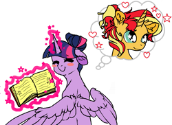 Size: 815x594 | Tagged: safe, artist:licjbit, sunset shimmer, twilight sparkle, twilight sparkle (alicorn), alicorn, pony, unicorn, alternate hairstyle, blush sticker, blushing, book, cute, eyes closed, female, glowing horn, heart, lesbian, levitation, magic, shimmerbetes, shipping, simple background, starry eyes, sunsetsparkle, telekinesis, thought bubble, twiabetes, wingding eyes