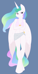 Size: 4280x8340 | Tagged: safe, artist:ambris, artist:scarletlightning565, princess celestia, anthro, unguligrade anthro, absurd resolution, belly button, chest fluff, cleavage, crossed arms, ear fluff, female, fluffy, looking at you, midriff, smiling, solo