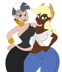 Size: 1260x1481 | Tagged: safe, artist:lil miss jay, applejack, zecora, human, applerack, blonde hair, breasts, cleavage, dark skin, duo, female, freckles, humanized, impossibly thin waist, light skin, lipstick, mohawk, neck rings, piercing, race swap, wide hips, ze-bra buster