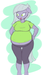 Size: 1310x2140 | Tagged: safe, artist:funble, limestone pie, anthro, unguligrade anthro, bashful, belly, big belly, breasts, midriff, pregnant, pregnant limestone, smiling, when she smiles