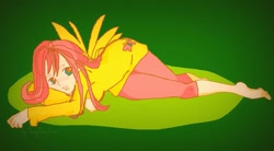 Size: 805x444 | Tagged: safe, artist:danysakurahime, fluttershy, human, barefoot, feet, humanized, solo, winged humanization