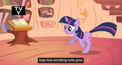 Size: 573x307 | Tagged: safe, derpibooru import, screencap, twilight sparkle, the return of harmony, book, meme, solo, youtube caption