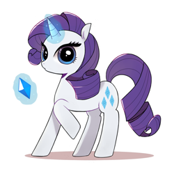Size: 1000x1000 | Tagged: safe, artist:9seconds, rarity, pony, unicorn, female, gem, glowing horn, looking at you, magic, mare, raised hoof, simple background, solo, telekinesis, white background