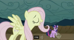 Size: 563x304 | Tagged: safe, derpibooru import, screencap, fluttershy, twilight sparkle, pegasus, pony, the return of harmony, crap, discorded, flutterbitch, hub logo, meme, swearing, vulgar, youtube caption