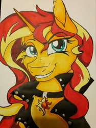 Size: 1024x1365 | Tagged: safe, artist:demise-the-art-demon, sunset shimmer, pony, bust, portrait, solo, traditional art, watermark