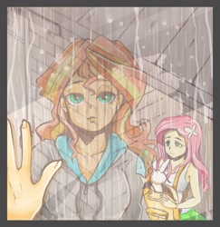 Size: 1070x1102 | Tagged: safe, artist:hobilo, angel bunny, fluttershy, sunset shimmer, equestria girls, rain, reflection, window