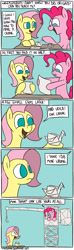 Size: 850x2857 | Tagged: safe, artist:timsplosion, fluttershy, pinkie pie, earth pony, pegasus, pony, comic, crane, how, no pupils, open mouth, origami, pinkie being pinkie, pun, shocked, shrunken pupils