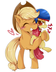 Size: 1200x1530 | Tagged: safe, artist:hua, apple bloom, applejack, earth pony, pony, somepony to watch over me, apple bloom is not amused, blushing, embarrassed, helmet, simple background, transparent background