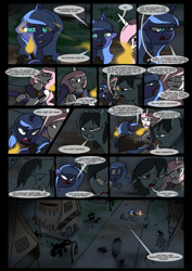 Size: 1240x1754 | Tagged: safe, artist:lunarcakez, princess celestia, princess luna, oc, oc:dusk, alicorn, pony, comic:the origins of hollow shades, comic, night, pink-mane celestia, s1 luna, younger