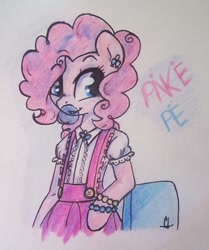 Size: 581x694 | Tagged: safe, artist:cherrydj, pinkie pie, anthro, bubblegum, clothes, piercing, solo, traditional art