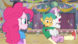 Size: 1280x720 | Tagged: safe, artist:dtkraus, edit, screencap, pinkie pie, snails, sweetie belle, equestria girls, choking, context is for the weak, heimlich maneuver, not creepy, wat