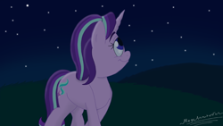 Size: 1536x864 | Tagged: safe, artist:megaanimationfan, starlight glimmer, pony, unicorn, blue eyes, cute, cutie mark, eyebrows, female, field, glimmerbetes, horn, looking up, mare, night, signature, starlight glimmer day, starry night, stars, stroll