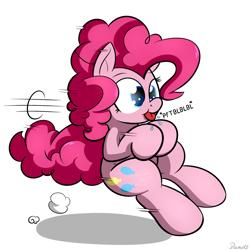 Size: 1500x1500 | Tagged: safe, artist:ramott, pinkie pie, pony, :p, cute, diapinkes, driving, fluffle puffing, imaginary car, motion lines, pinkie being pinkie, ponk, raspberry, silly, silly pony, simple background, solo, spit, tongue out, white background