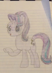 Size: 1189x1647 | Tagged: safe, artist:myoozik, derpibooru exclusive, starlight glimmer, pony, unicorn, blue eyes, cutie mark, eyelashes, female, hair flip, horn, lined paper, mare, open mouth, photo, smiling, starlight glimmer day, traditional art