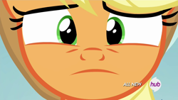 Size: 1920x1080 | Tagged: safe, screencap, applejack, earth pony, pony, leap of faith, frown, hub logo, solo