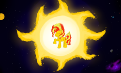 Size: 1694x1030 | Tagged: safe, artist:horsesplease, sunset shimmer, catasterism, equestria, fiery shimmer, fire tail, mane of fire, mars, mercury (planet), moon, nebula, planet, pony bigger than a planet, raised hoof, smiling, solar system, solo, space, stars, sun, sunshine shimmer, venus