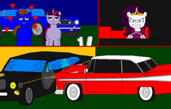 Size: 900x573 | Tagged: safe, artist:thebluev3, derpibooru import, rarity, twilight sparkle, oc, pony, unicorn, 1000 hours in ms paint, angry, car, clothes, comic, dress, gala dress, heart, limousine, ms paint, wat, wtf