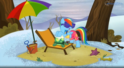 Size: 1661x919 | Tagged: safe, derpibooru import, screencap, rainbow dash, tank, pegasus, pony, tanks for the memories, clothes, midriff, rainbow dash always dresses in style, shutter shades, sunglasses, sunscreen, swimsuit, umbrella, winter swimsuit