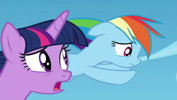 Size: 1280x720 | Tagged: safe, derpibooru import, screencap, rainbow dash, twilight sparkle, twilight sparkle (alicorn), alicorn, pegasus, pony, the washouts (episode), duo, female, flying, mare, open mouth