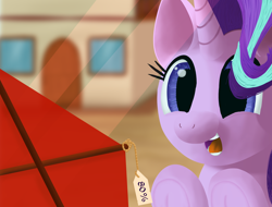 Size: 4096x3112 | Tagged: safe, artist:stellardust, derpibooru exclusive, starlight glimmer, pony, unicorn, cute, female, glimmerbetes, happy, house, kite, mare, open mouth, redraw, sale, solo, that pony sure does love kites