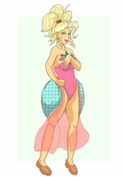 Size: 566x800 | Tagged: safe, artist:muramasa, applejack, human, applejewel, bare shoulders, clothes, fashion, humanized, leotard, simple background, sleeveless, solo, strapless