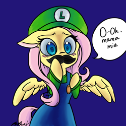 Size: 1200x1200 | Tagged: safe, artist:ryephoenix, artist:twizzle, fluttershy, pegasus, pony, bipedal, blushing, clothes, color, crossover, cute, floppy ears, luigi, moustache, overalls, shyabetes, simple background, solo, spread wings, super mario bros., surprised, wide eyes