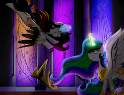 Size: 1300x1000 | Tagged: safe, artist:scarlett-letter, princess celestia, oc, oc:scarlett letter, alicorn, pony, alicorn oc, alicorn princess, castle, fanfic, fanfic art, fanfiction idea, fight, magic, this will end in pain, this will end in tears and/or death