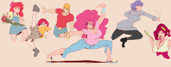 Size: 4500x1781 | Tagged: safe, artist:sundown, apple bloom, babs seed, big macintosh, cherry jubilee, maud pie, pinkie pie, earth pony, human, pony, action pose, breasts, busty cherry jubilee, cleavage, earth pony magic, female, group shot, humanized, kung fu, martial arts, maud pies, pinkie pies, rose, weapon