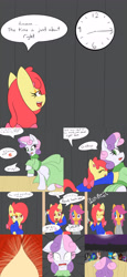 Size: 2400x5200 | Tagged: safe, artist:jake heritagu, apple bloom, derpy hooves, scootaloo, sweetie belle, pony, comic:ask motherly scootaloo, clock, clothes, comic, curtains, dress, hairpin, motherly scootaloo, out of work derpy, ponyville, stage, sweatshirt