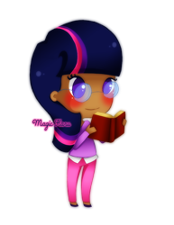 Size: 500x648 | Tagged: safe, artist:magicharu, derpibooru import, twilight sparkle, human, blushing, book, glasses, humanized, solo