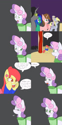 Size: 1600x3200 | Tagged: safe, artist:jake heritagu, apple bloom, derpy hooves, dinky hooves, sweetie belle, pony, comic:ask motherly scootaloo, blushing, clothes, comic, dress, drink, gulp, out of work derpy, ponyville, stage, straw, sweat, video in description