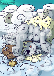 Size: 1280x1811 | Tagged: safe, artist:rainihorn, derpy hooves, pegasus, pony, cloud, cloudsdale, clumsy, cute, derpabetes, dock, featureless crotch, female, food, letter, mailbag, mailmare, mare, muffin, outdoors, plot, underhoof, upside down