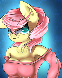 Size: 1024x1280 | Tagged: safe, artist:madacon, fluttershy, anthro, angry, armpits, breasts, clothes, ear fluff, female, hootershy, off shoulder, solo, sweater, sweatershy, unamused