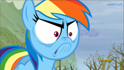 Size: 1366x768 | Tagged: safe, derpibooru import, screencap, rainbow dash, pegasus, pony, tanks for the memories, >:c, discovery family logo, do i look angry, faic, rage, solo