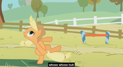 Size: 632x347 | Tagged: safe, screencap, applejack, earth pony, pony, fall weather friends, bipedal, confused, meme, solo, youtube caption