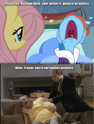 Size: 655x865 | Tagged: safe, derpibooru import, screencap, fluttershy, rainbow dash, pegasus, pony, tanks for the memories, brutal honesty, comparison, crying, depression dash, frasier, frasier crane, image macro, meme, niles crane, volumetric mouth