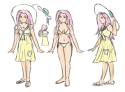 Size: 1000x734 | Tagged: safe, artist:king-kakapo, fluttershy, human, barefoot, belly button, bikini, clothes, design, feet, hat, humanized, reference sheet, sandals, solo, swimsuit