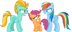 Size: 6762x3000 | Tagged: safe, alternate version, artist:ambassad0r, artist:cloudyglow, artist:parclytaxel, artist:yanoda, derpibooru import, lightning dust, rainbow dash, scootaloo, pegasus, pony, the washouts (episode), angry, female, filly, foal, grin, mare, nervous, nervous grin, simple background, smiling, transparent background, trio, vector