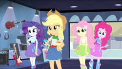 Size: 1440x810 | Tagged: safe, screencap, applejack, dj pon-3, fluttershy, pinkie pie, rarity, vinyl scratch, equestria girls, guitar centered, rainbow rocks, balloon, boots, clothes, guitar, headphones, high heel boots, skirt