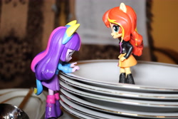 Size: 6000x4000 | Tagged: safe, artist:artofmagicpoland, sunset shimmer, twilight sparkle, twilight sparkle (alicorn), alicorn, equestria girls, climbing, cute, doll, equestria girls minis, looking at each other, looking down, plate, shimmerbetes, toy, twiabetes
