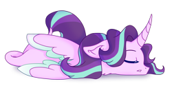Size: 1850x950 | Tagged: safe, artist:lolwise, starlight glimmer, alicorn, pony, alicornified, black background, colored wings, colored wingtips, cute, eyes closed, female, floppy ears, glimmerbetes, leonine tail, long horn, mare, race swap, simple background, sleeping, solo, starlicorn, transparent background, xk-class end-of-the-world scenario