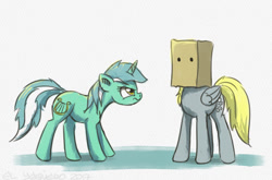 Size: 859x568 | Tagged: safe, artist:el-yeguero, derpy hooves, lyra heartstrings, pegasus, pony, unicorn, abstract background, bag on head, disguise, duo, female, hidden, mare, paper bag, paper-thin disguise, suspicious