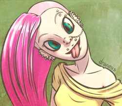 Size: 772x669 | Tagged: safe, artist:draneas, fluttershy, human, alternate hairstyle, clothes, ear piercing, eyebrow piercing, forked tongue, humanized, looking at you, nose piercing, off shoulder, open mouth, piercing, smiling, snake bites, tongue out